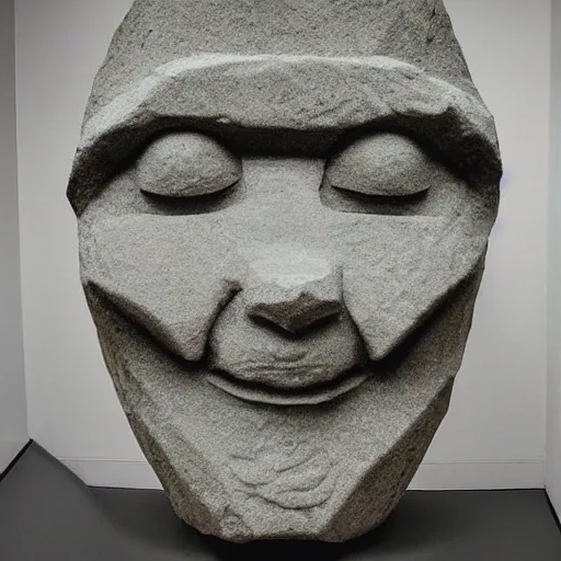 Prompt: by brothers grimm vaporwave. a art installation of a large granite boulder carved to resemble a human face. the nose is slightly upturned, & the eyes & mouth are closed.