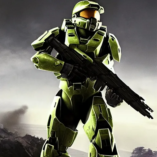 Prompt: Historical photo of the Master Chief from Halo fighting in WWII, cinematic, highly detailed