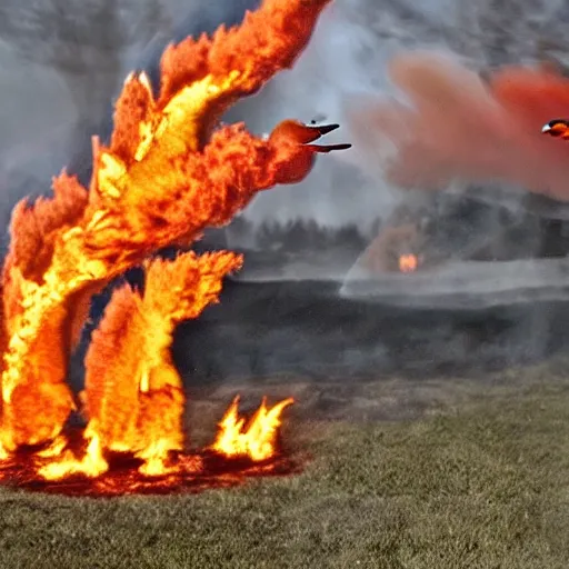 Image similar to fire breathing geese, geese spitting fire, fire from the mouth, flame thrower