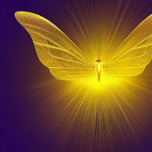 Prompt: a golden butterfly surrounded by a golden halo in space, streaks of gold all around it