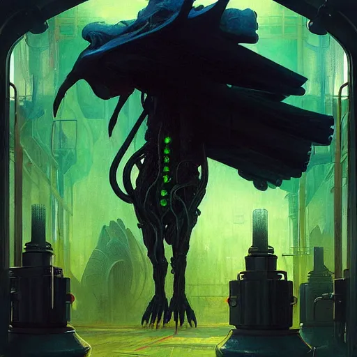 Prompt: menacing aggressive black creature made out of needles, archdemon, in a gas station, aggressive harsh fluorescent industrial green/blue lighting, extremely detailed digital matte painting buy Greg Rutkowski and Alphonse Mucha