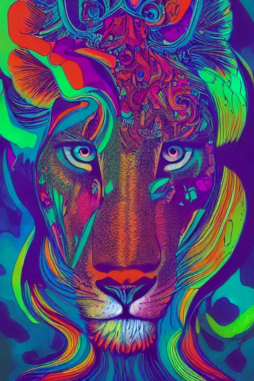 Image similar to An extremely psychedelic abstract illustration of an lioness head on female body , colorful, surreal, dramatic lighting, side profile, magic mushrooms, psilocybin, LSD, detailed, intricate, elegant, highly detailed, digital painting, artstation, concept art, smooth, sharp focus, illustration, art by Krenz Cushart, greg rutkowski and zdzislaw beksinski and alphonse mucha, unreal engine 5 render, 8k