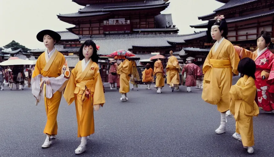 Image similar to movie still by alejandro jodorowsky of a beautiful day in kyoto japan, a girl wearing a gucci kimono is walking down the street, visible magic energy, costumes, parade floats, cinestill 8 0 0 t eastmancolor technicolor, high quality, very detailed, heavy grain, fine facial features, 8 k, octane render