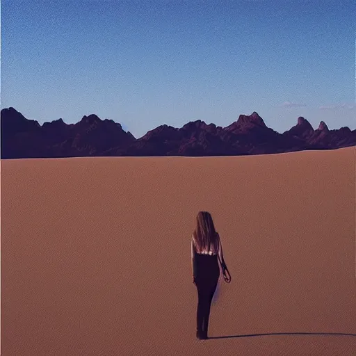 Prompt: “a girl stood among the desert dunes, pondering the mountains in the distance, peaceful pastel palette, matte painting.”