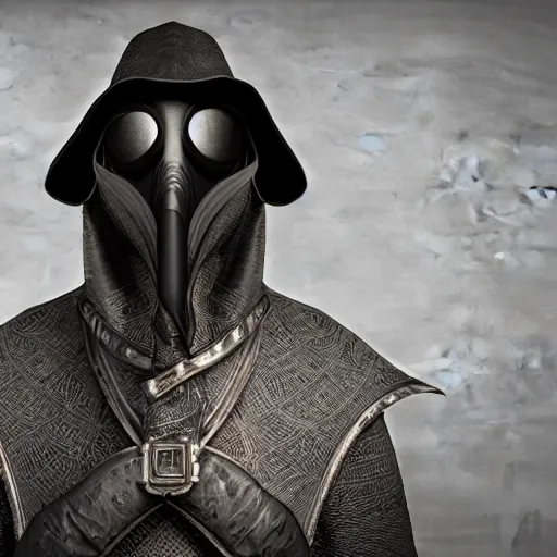 Image similar to a beautiful portrait of a futuristic plague doctor, posing, symmetrical composition, centred composition, black Filigree armour, mid view, very detailed render, very realistic render, elegant render, rendered in unreal engine and cryengine