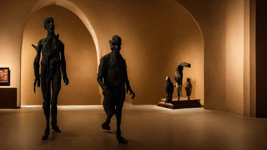 Image similar to the strange disdainful creature walks through the museum, made of wax and blood, film still from the movie directed by Denis Villeneuve with art direction by Salvador Dalí, wide lens