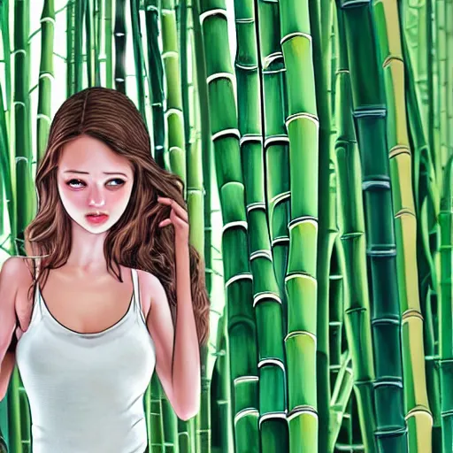 Image similar to A giantess with a beautiful face,green eyes,cute nose and pink lips, wearing a sundress and sandals, walking in a bamboo forest ,detailed body and eyes,proper anatomy, bamboo forest in the background, beautiful lighting,,digital art , highly detailed , high contrast, beautiful lighting, award winning , trending on art station, 8k, photo realistic,unreal engine 5