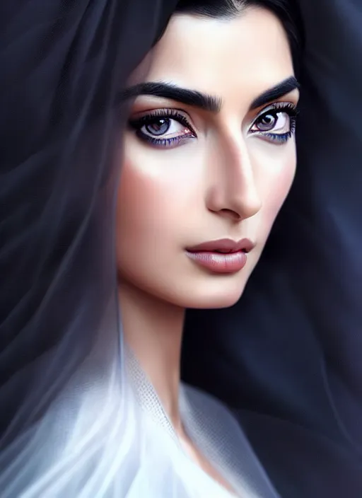 Image similar to beautiful ameera al taweel, blue eyes, long wavy black hair, white veil, in the style of stefan kostic, realistic, sharp focus, 8k high definition, insanely detailed, intricate, elegant, art by stanley lau and artgerm