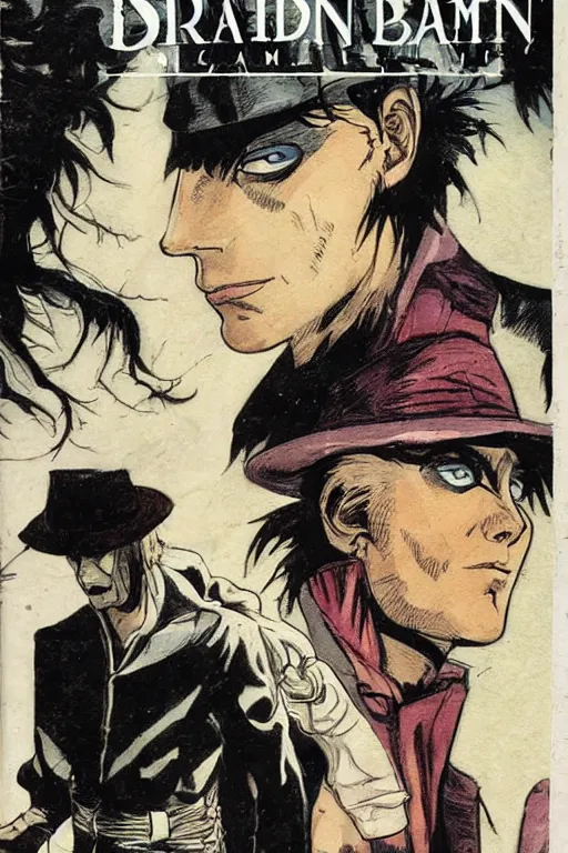 Image similar to dream from sandman comic book and corto maltese, staring at each other, close up, portraits, comic book cover