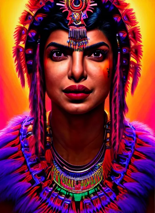 Image similar to portrait of priyanka chopra, hyper detailed ultra sharp aztec shaman warrior. trending on artstation, warpaint aesthetic, bloodwave, colorful, psychedelic, ornate, intricate, digital painting, concept art, smooth, sharp focus, illustration, art by artgerm and greg rutkowski and h. r. giger, 8 k