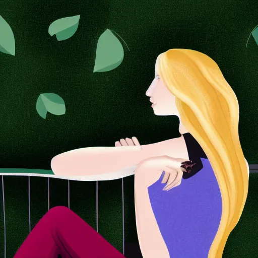 Prompt: a full - frame illustration of young woman with long blond hair sitting on a green bench with her head in her hands, digital art