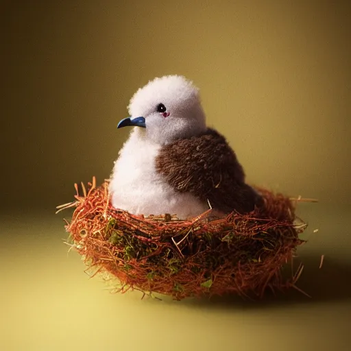 Prompt: long shot of a cute fluffy furry chick nesting in a playmobil car, by esao andrews, by m. w. kaluta, humorous illustration, hyperrealistic, tilt shift, warm colors, night scenery, low light, 3 d octane render, 4 k, volumetric lights, smooth, cosy atmosphere, conceptart, hyperdetailed, trending on deviantart