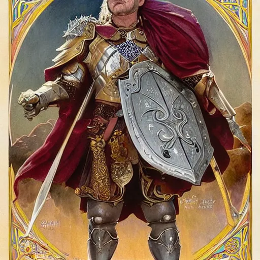 Image similar to an ultradetailed portrait of robin williams dressed as a fantasy holy paladin, carrying a large tower shield, d & d, fantasy, intricate, elegant, highly detailed, digital painting, matte, sharp focus, illustration, plate armor, god rays, art by john collier and albert aublet and krenz cushart and artem demura and alphonse mucha