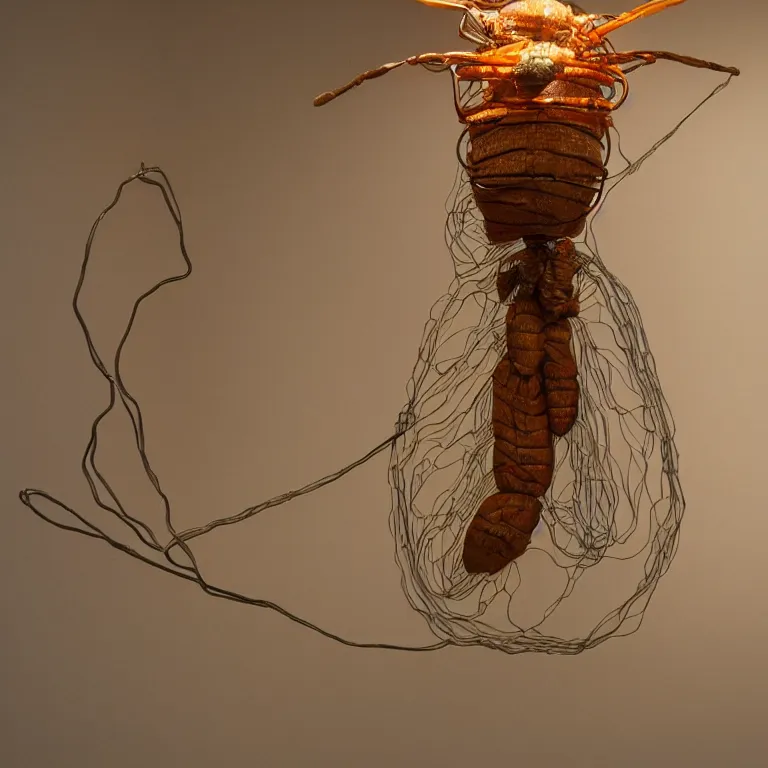 Image similar to hyperrealistic sculpture of a bronze fossilized cicada moth in a large cage made of orange nylon wire and beeswax on a pedestal by ron mueck and duane hanson and lee bontecou, hyperrealistic dramatic colored lighting trending on artstation 8 k