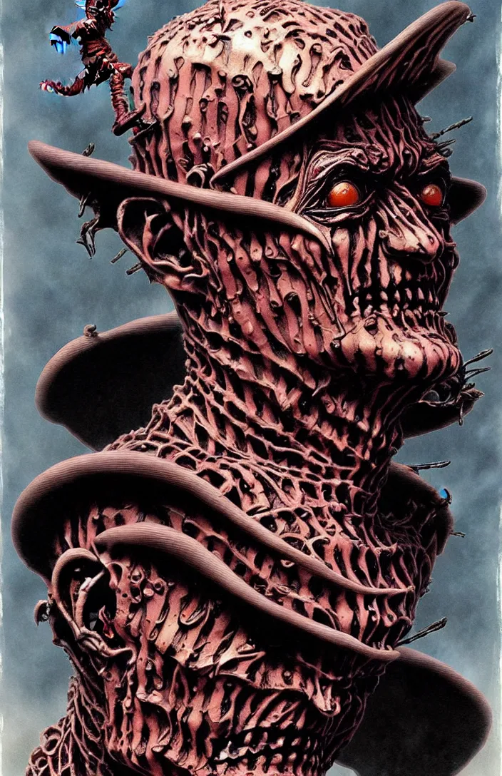 Prompt: freddy krueger in the style of wayne barlowe, gustav moreau, goward, bussiere, roberto ferri, santiago caruso, luis ricardo falero, dali