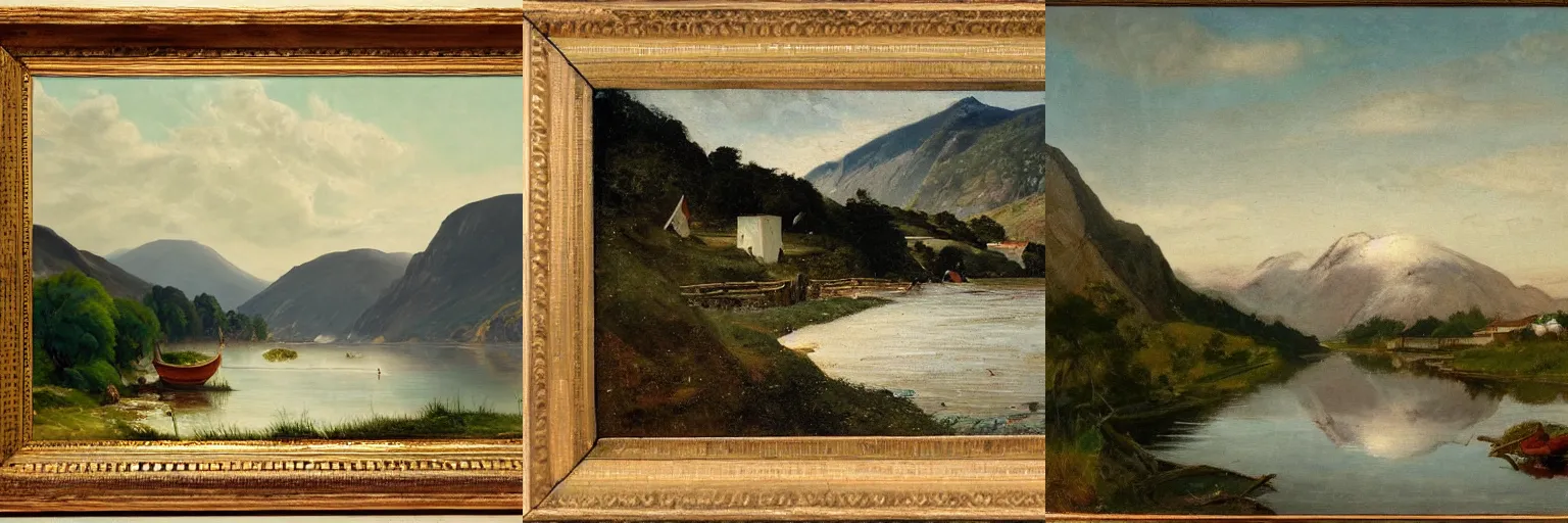 Prompt: a mountain of rice porridge by the fjord, oil on canvas, by hans gude