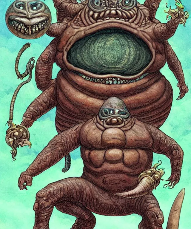 Prompt: hziulquoigmnzhah, the god of cykranosh, ziulquag - manzah has a spheroid body, elongated arms, short legs, and a pendulum - like head dangling underneath. he is the brother of ghisguth, and uncle of tsathoggua, art by keith thompson and christopher lane