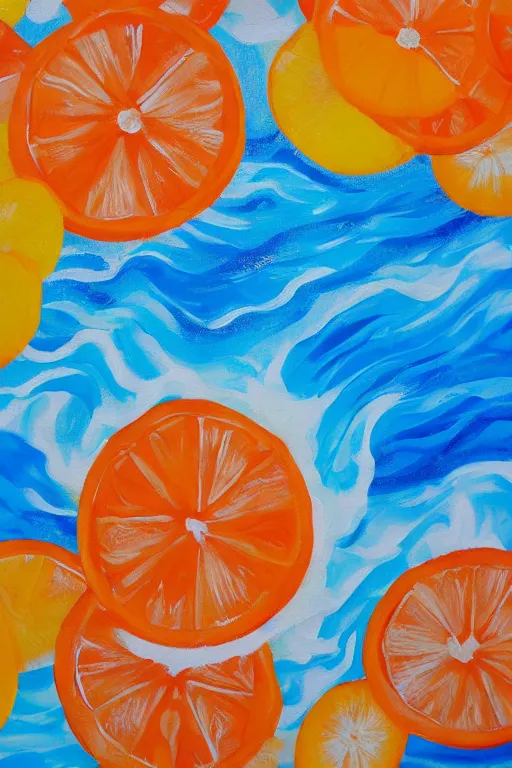 Image similar to a Acrylic painting of summer ,water,wave , orange and orange slices,blue theme and Yellow accents,Colour composition