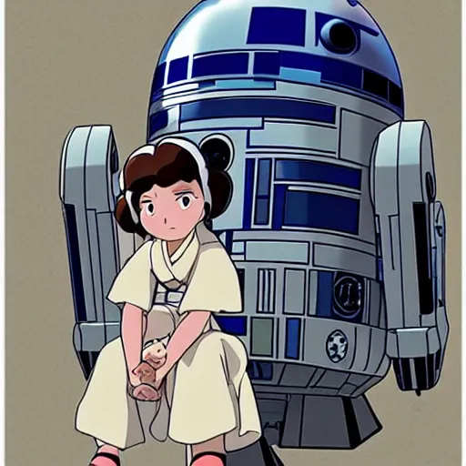 Prompt: princess leia and r 2 d 2, anime, studio ghibli