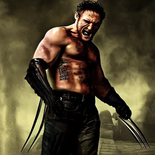 Image similar to Tom Hardy as wolverine in Black Damaged leather suit Digital art 4K quality