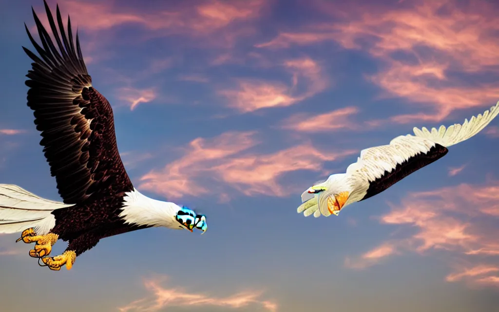 Image similar to hd photo cinematic concept art bald eagle in white ivory and metallic gold with wings outstretched flying with red and white feathered wings, dark blue evening night with stars in the sky