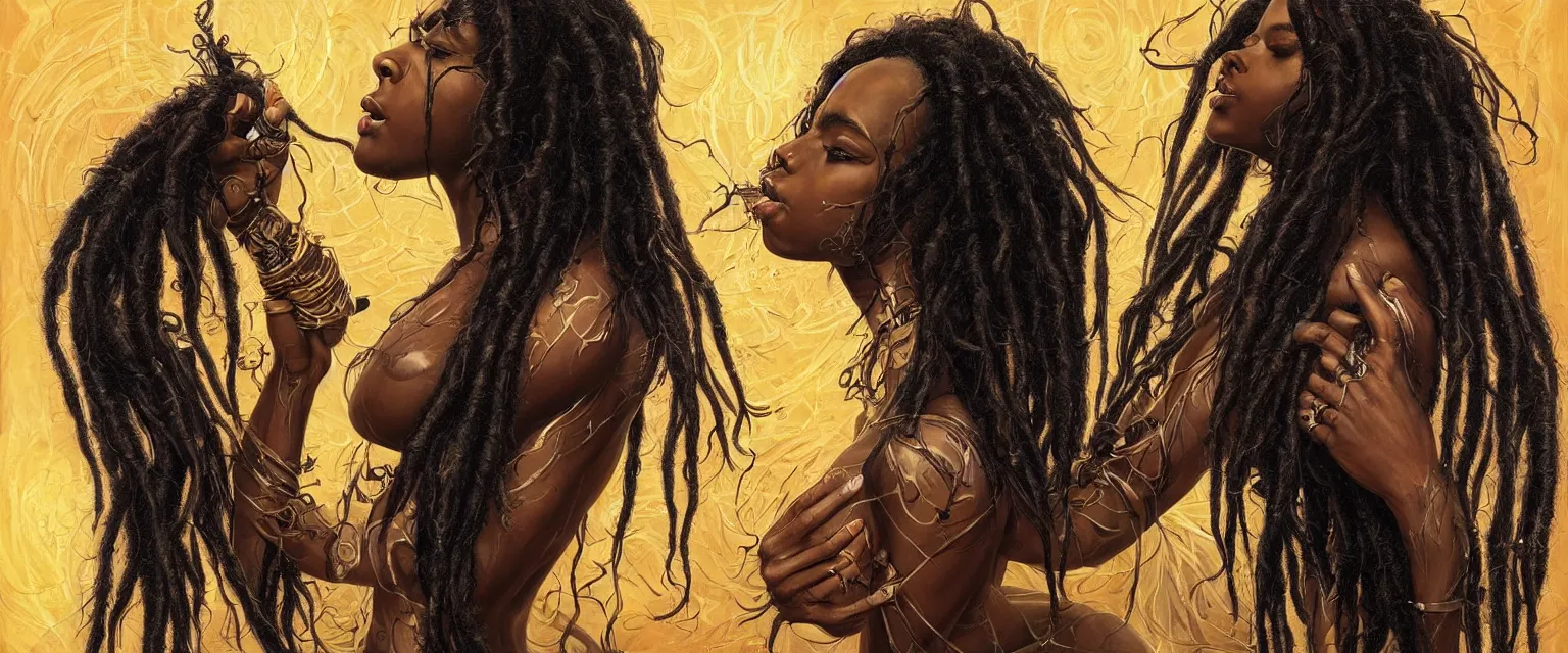 Image similar to a highly detailed symmetrical full body painting of a dark skinned beautiful black woman washing dreadlocks in dynamic lighting, ambient lighting, deviantart, art by artgerm and karol bak and mark brooks h