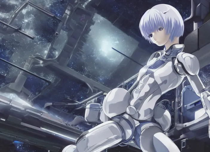 Image similar to This is a digital art piece by Yoshiyuki Sadamoto that is trending on artstation. It is a 8K UHD image of Rei Ayanami, a female anime character, inside a space station with technological rings. She is shot from the ground by Yoshiyuki Sadamoto. The environment is a concept design and the art is hyper realistic with intricate details.