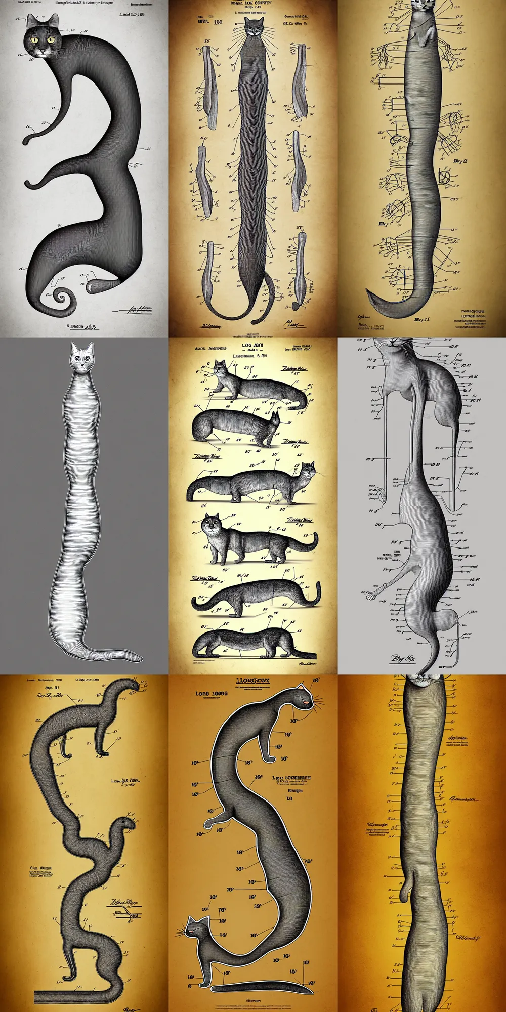 Image similar to anatomically correct scheme of the long cat, highly detailed, patent illustration, digital illustration, symmetry, concept art, smooth, sharp focus
