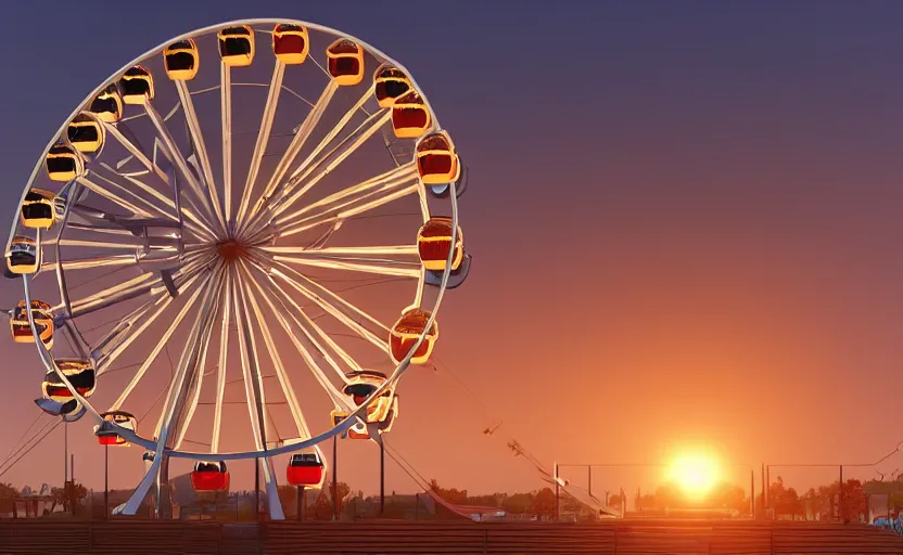 Image similar to one ferris wheel at sunrise, concept art, hyperrealistic, octane render, unreal engine 5, path traced, highly detailed, high quality, 8 k, dramatic lighting, cinematic, high coherence, symmetrical, high contrast, 1 9 8 0 s style, lens flare, godrays