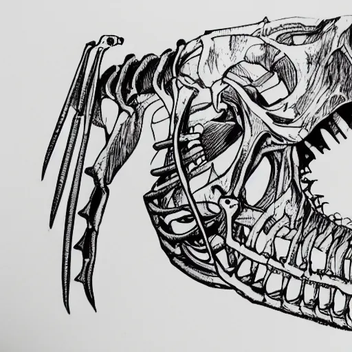 Image similar to dinosaur skeleton outline, black ink on white paper