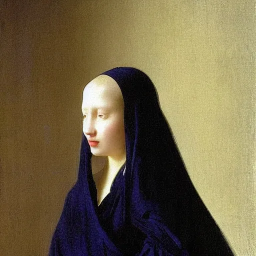 Prompt: a young woman’s face, her hair is white, she wears a long flowing blue satin veil, by ivan aivazovsky and pieter claesz and paul delaroche and alma tadema and august malmstrom and and willen claesz heda and aelbert cuyp and gerard ter borch, hyperrealistic, volumetric light, helios 40 lens, rendered in octane, c4d