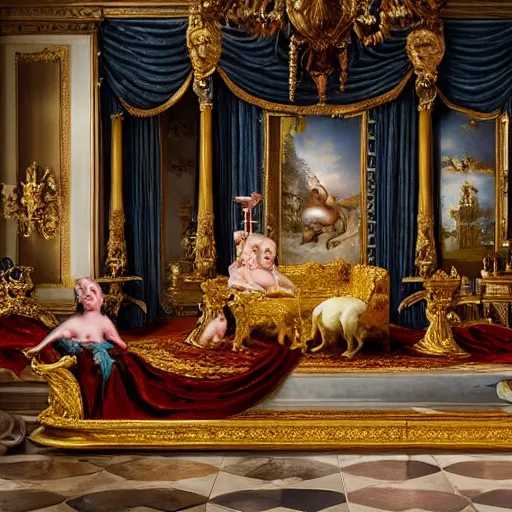 Image similar to 8k highly detailed oil matte painting in the style of Charles Landelle of A French Bulldog Louis XIV, decadent throne room, the other animals prostrate themselves before the throne, French architecture