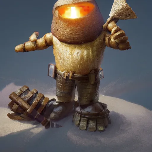 Image similar to medieval battle toast, a slice of toasted bread with a face, arms and legs, holding a sword, cute, pixar, volumetric lighting, dynamic composition, fantasy, hyper detailed, ultra realistic, sharp focus, octane render, concept art by ruan jia and heng z and artem