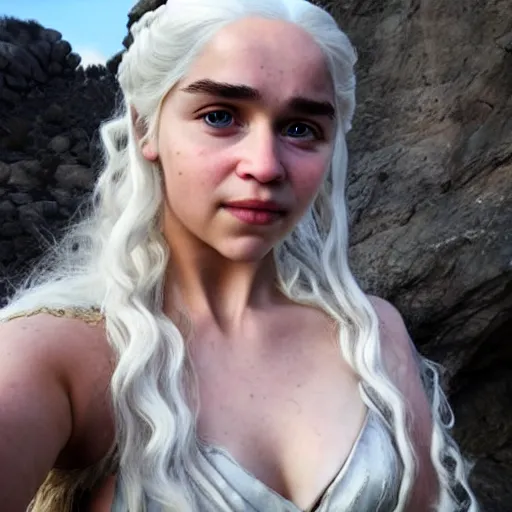 Image similar to a selfie of daenerys targaryen and a cosplay of daenerys targaryen, medium shot, detailed eyes,