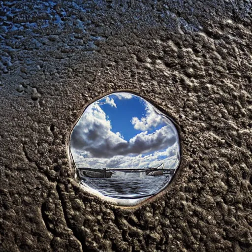 Image similar to top down photograph looking into a puddle, a shriveled old man is staring up from under the surface of the water