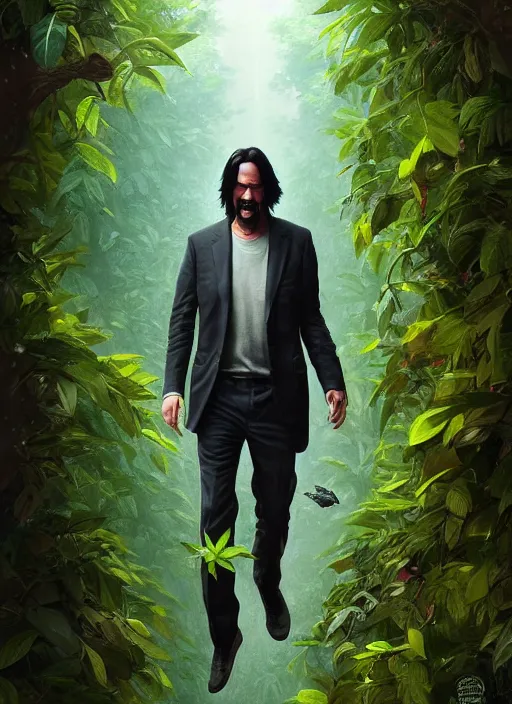 Image similar to highly detailed comedy caper movie poster with silly wacky zany keanu reeves hiding in leaves, keanu reeves face inside a leafy bush by greg rutkowski