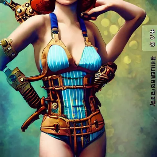 Image similar to lofi steampunk bioshock swimming suit, Pixar style, by Tristan Eaton Stanley Artgerm and Tom Bagshaw.