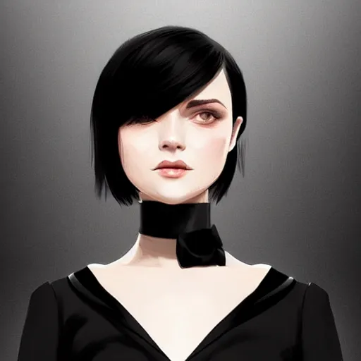 Image similar to girl in tuxedo with black chaotic wavy short haircut, elegant, 2d, ultra highly detailed, digital painting, smooth, sharp focus, artstation, art by Ilya Kuvshinov