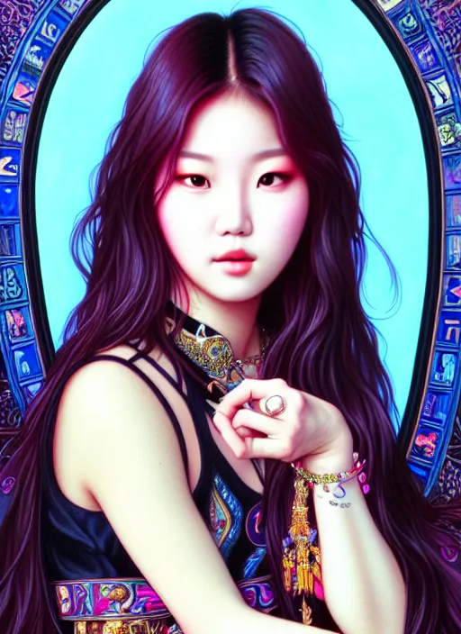 Prompt: roseanne park of blackpink, goddess, tarot card, highly detailed, digital painting, smooth, sharp focus, illustration, ultra realistic, 8 k, art by artgerm and alphonse mucha