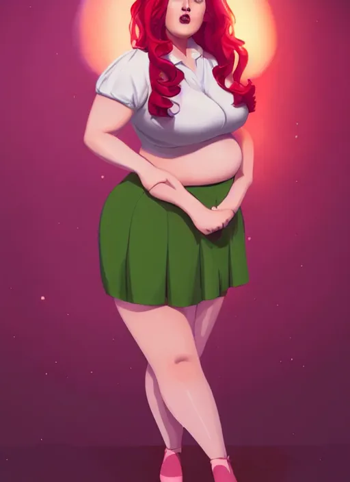 Image similar to full body portrait of teenage cheryl blossom, obese, bangs, green eyes, sultry expression, red hair, sultry smirk, bangs and wavy hair, pink skirt, fat, intricate, elegant, glowing lights, highly detailed, digital painting, artstation, concept art, smooth, sharp focus, illustration, art by wlop, mars ravelo and greg rutkowski