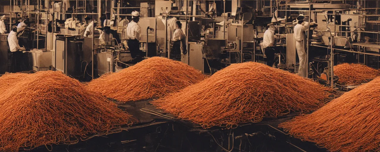 Prompt: a factory with workers handling giant mounds of spaghetti, canon 5 0 mm, cinematic lighting, photography, retro, film, kodachrome, closeup