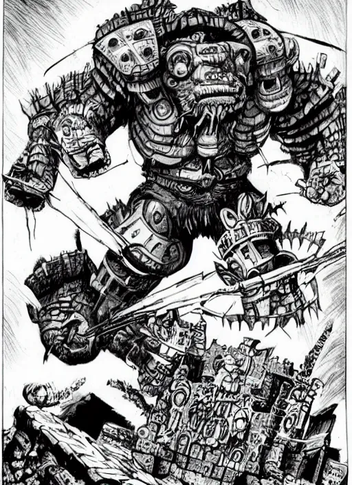 Image similar to detailed fantasy comic book drawing of a ( mechanical ogre ) attacking a ( stronghold castle ) by jack kirby!!! and gris grimly, cinematic, epic, awesome bright color palette, hard contrast, black ink outlines