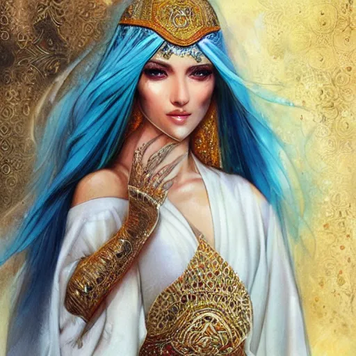 Image similar to a beautiful arabian woman wearing a white kaftan by karol bak, ayami kojima, artgerm, arabian beauty, blue eyes, smile, concept art, fantasy