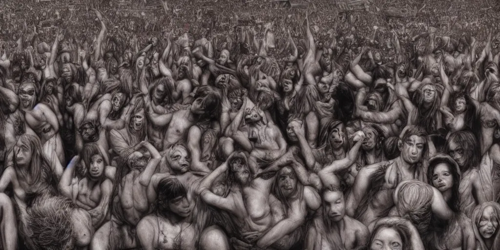 Prompt: Photorealistic people at woodstock 99 by H.R. Giger, KDA and Sam Yang, trending on artstation