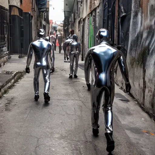 Prompt: men in chrome bodysuits walk down an alleyway past dead corpses