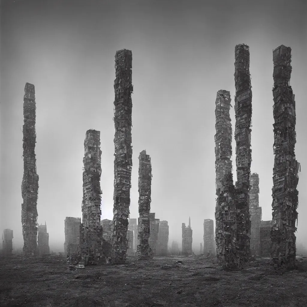 Image similar to two giant towers, made up of makeshift squatter shacks, misty, dystopia, mamiya rb 6 7, fully frontal view, very detailed, studio lighting, photographed by ansel adams