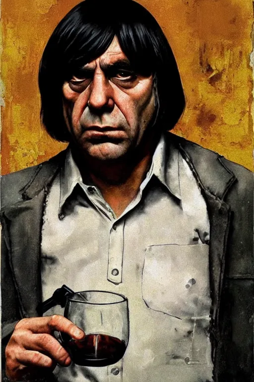 Prompt: Anton Chigurh from the movie No Country for Old Men painted by Norman Rockwell