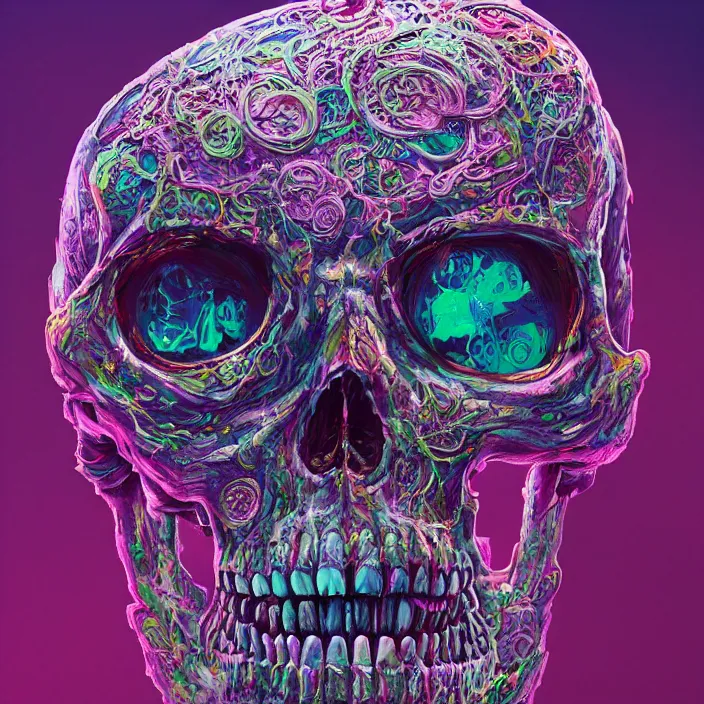 Image similar to portrait of a hypercolor skull. infected with zombie virus. intricate abstract. intricate artwork. nightmare fuel. by Tooth Wu, wlop, beeple, dan mumford. octane render, trending on artstation, greg rutkowski very coherent symmetrical artwork. cinematic, hyper realism, high detail, octane render, 8k, iridescent accents