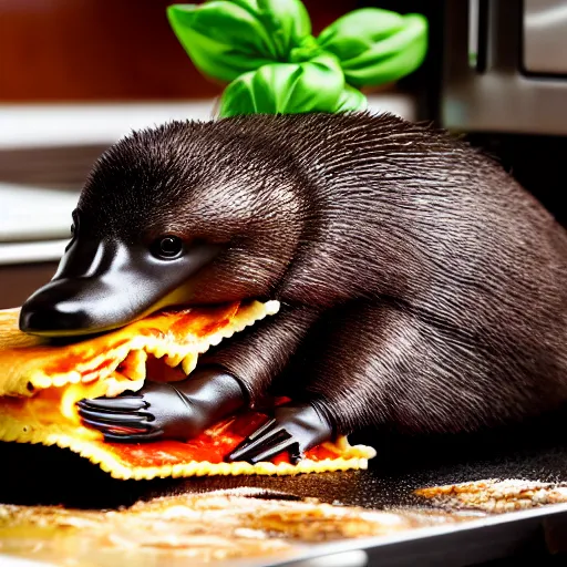 Image similar to studio photo of a platypus cooking a lasagna with three basil leaves over the lasagna