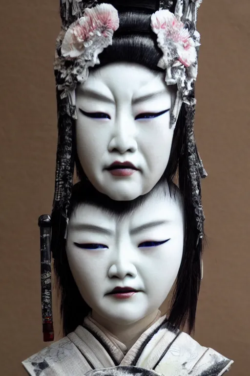 Image similar to porcelain eyeless geisha made by Kris Kuksi and HR Giger